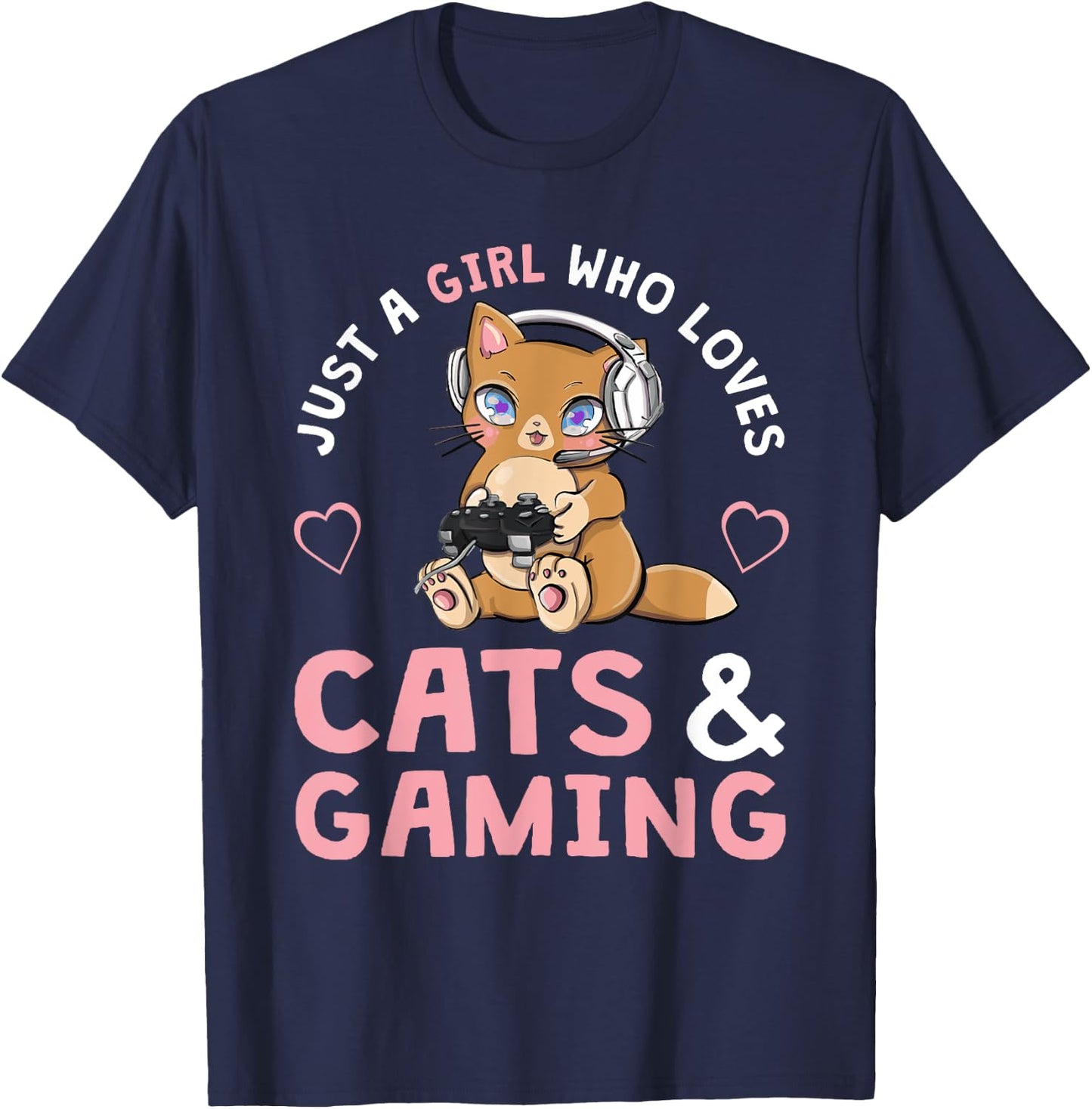 Just A Girl Who Loves Cats and Gaming Cute Gamer Cat Small T-Shirt - T-Shirt | Navy