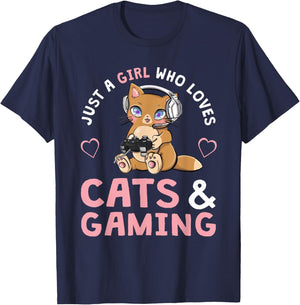 Just A Girl Who Loves Cats and Gaming Cute Gamer Cat Small T-Shirt - T-Shirt | Navy