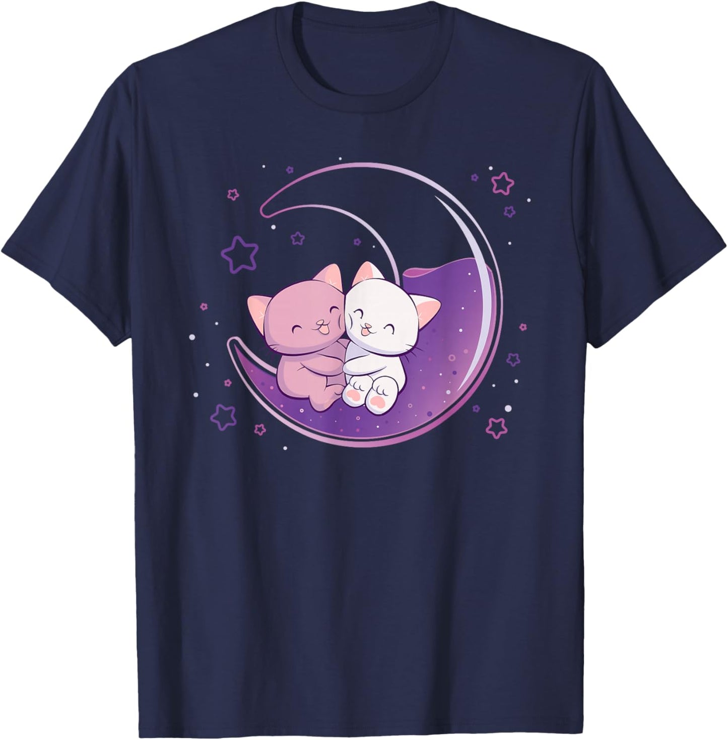 Cute Cats on Purple Moon Kawaii Anime T-Shirt - T-Shirt | Navy