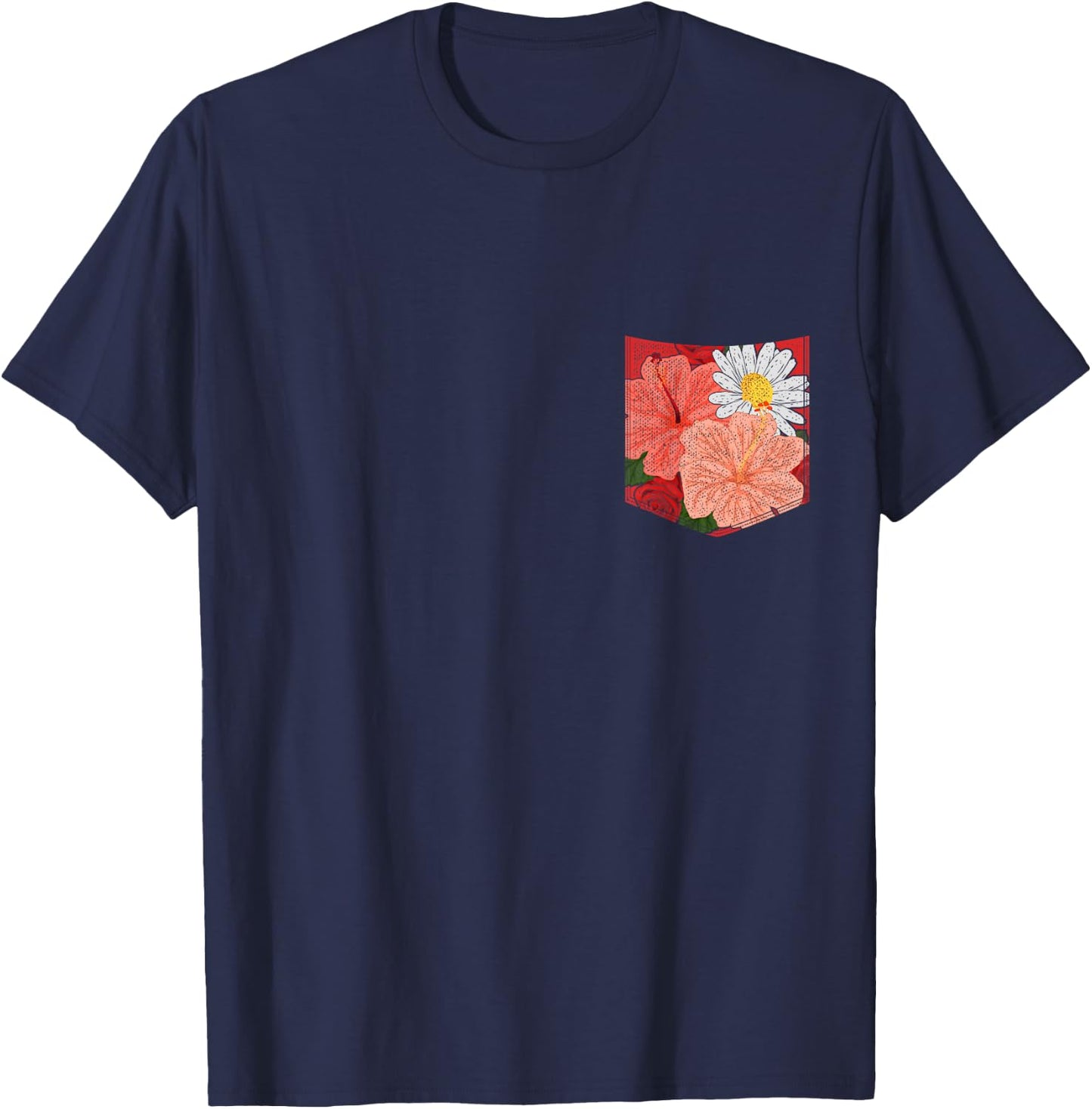 Flower Blossom Hibiscus Daisy Floral Pocket Botanical T-Shirt - T-Shirt | Navy