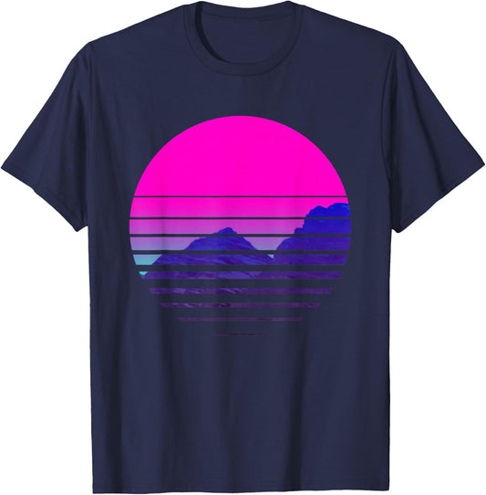 Vaporwave Aesthetic Sundownsunrise Mountains Scenary T-Shirt - T-Shirt | Navy