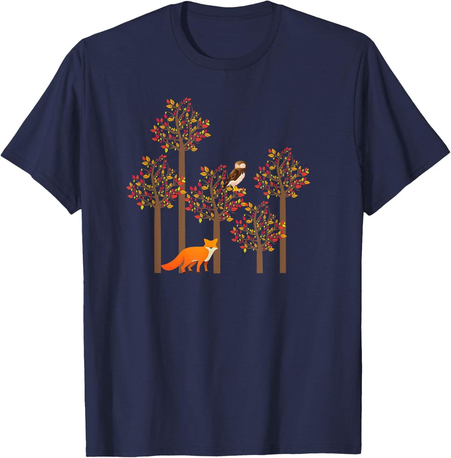 Fox and Owl Fall Leaves Cute Animal Autumn Fall Design T-Shirt - T-Shirt | Navy