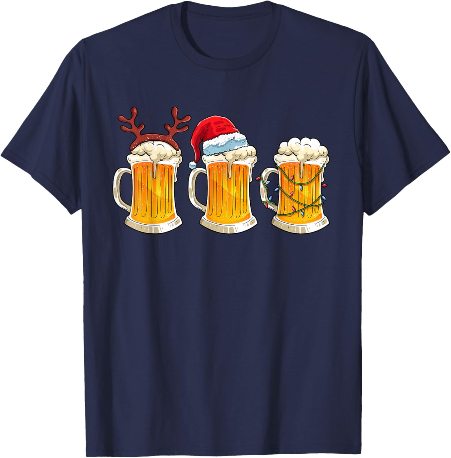 Beer Christmas Mug Santa Hat Reinbeer Xmas Lights Men Gift T-Shirt - T-Shirt | Navy