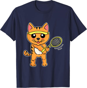 Funny Tennis Racket Gift Cat Playing Tennis Men Women Girls Kids T-Shirt - T-Shirt | Navy