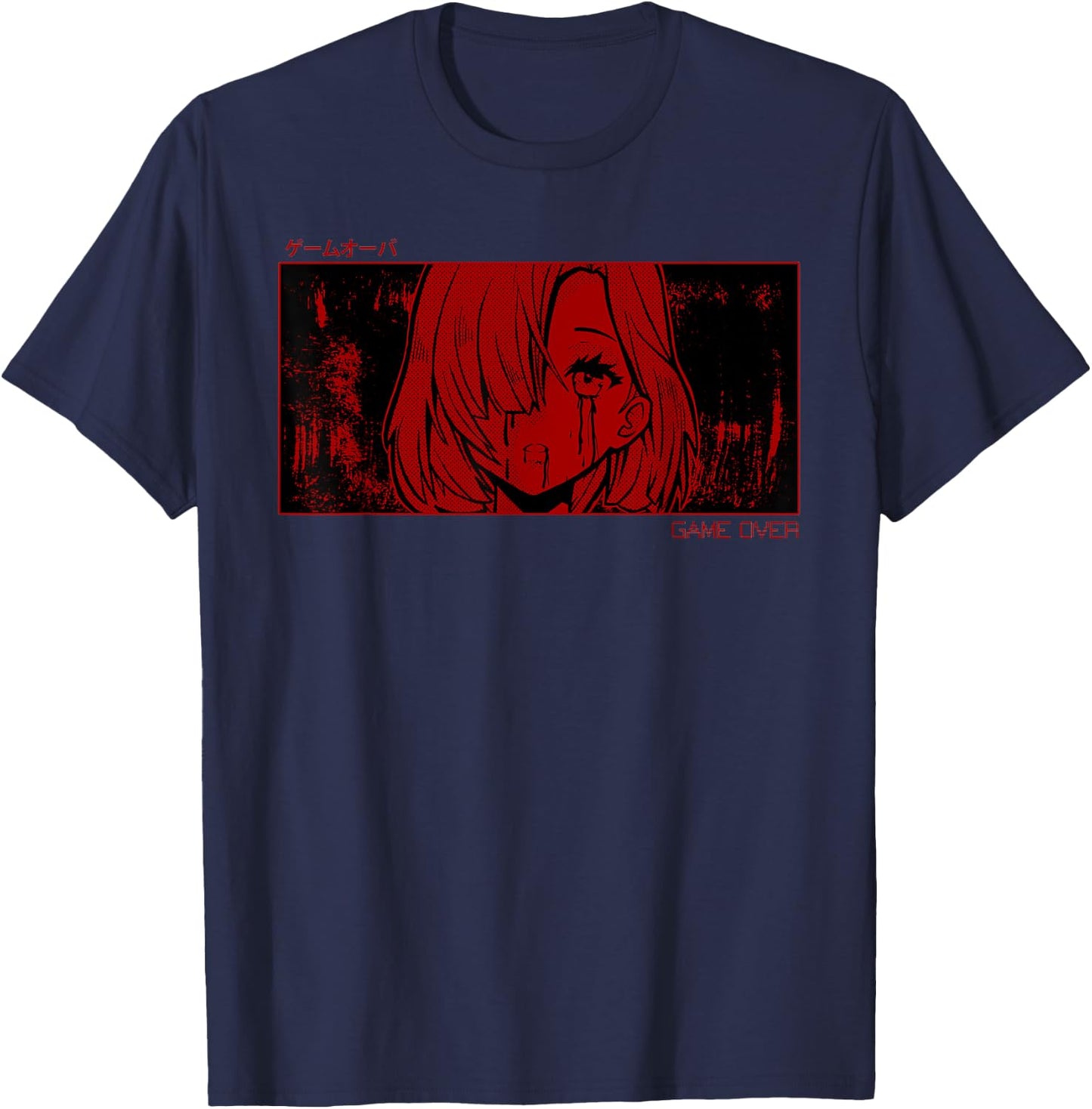 Soft Grunge Aesthetic Game Over Anime Girl Sad Harajuku Goth T-Shirt - T-Shirt | Navy
