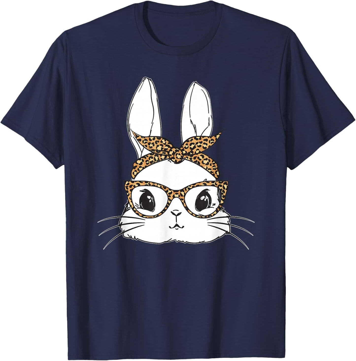 Women Easter Day Cute Bunny with Leopard Glasses T-Shirt - T-Shirt | Navy