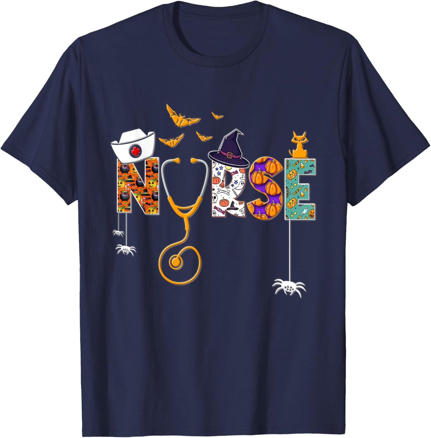 Halloween Nurse Nursing Cute Health Worker Halloween Pattern T-Shirt - T-Shirt | Navy
