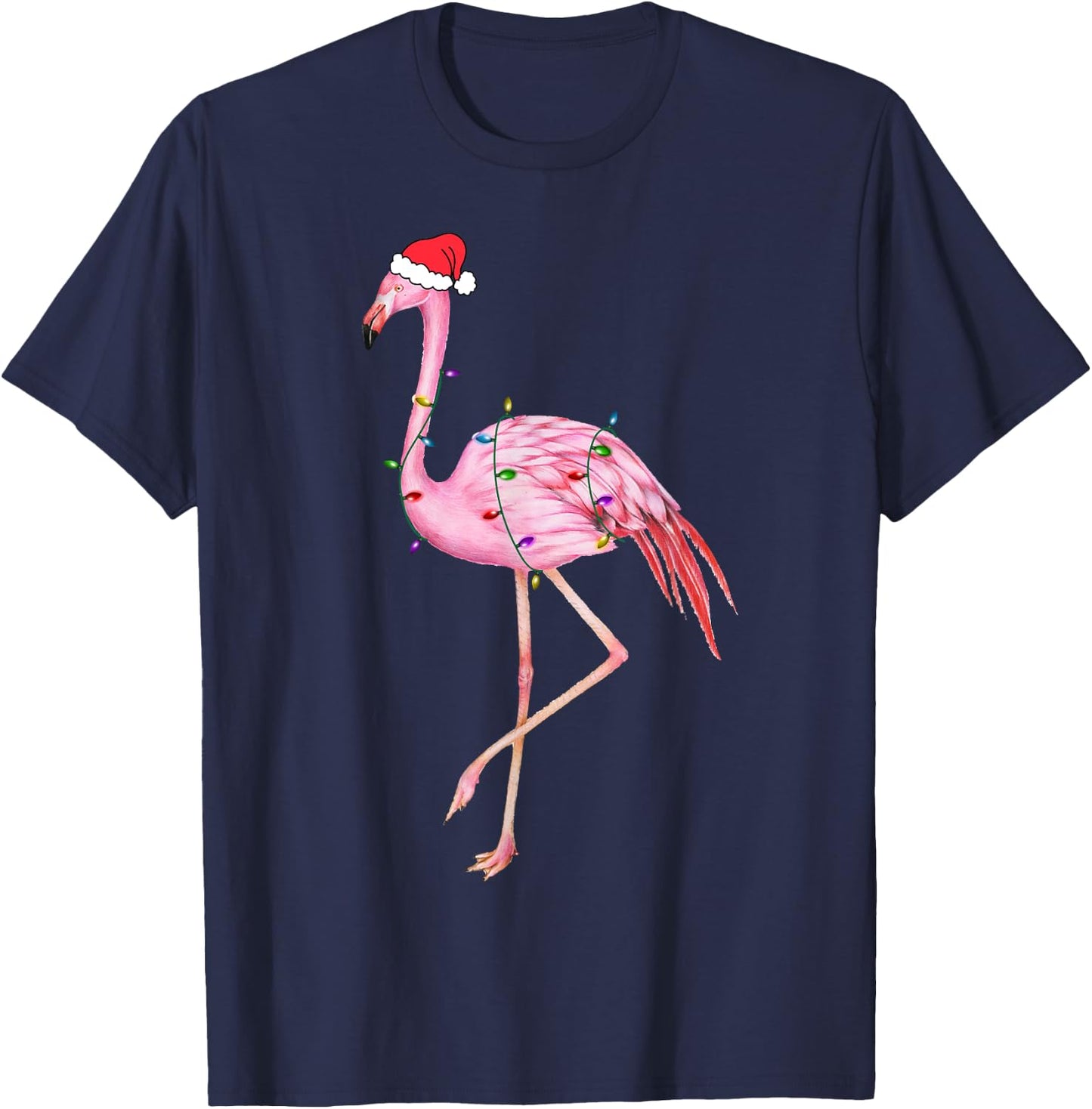 Lighted Flamingo Christmas Tree Lights Xmas Santa Hat Gifts T-Shirt - T-Shirt | Navy