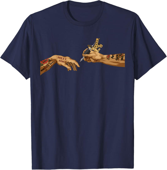 Cool Creation Of Adam Michelangelo Tattoo Hands Sorry Mom T-Shirt - T-Shirt | Navy