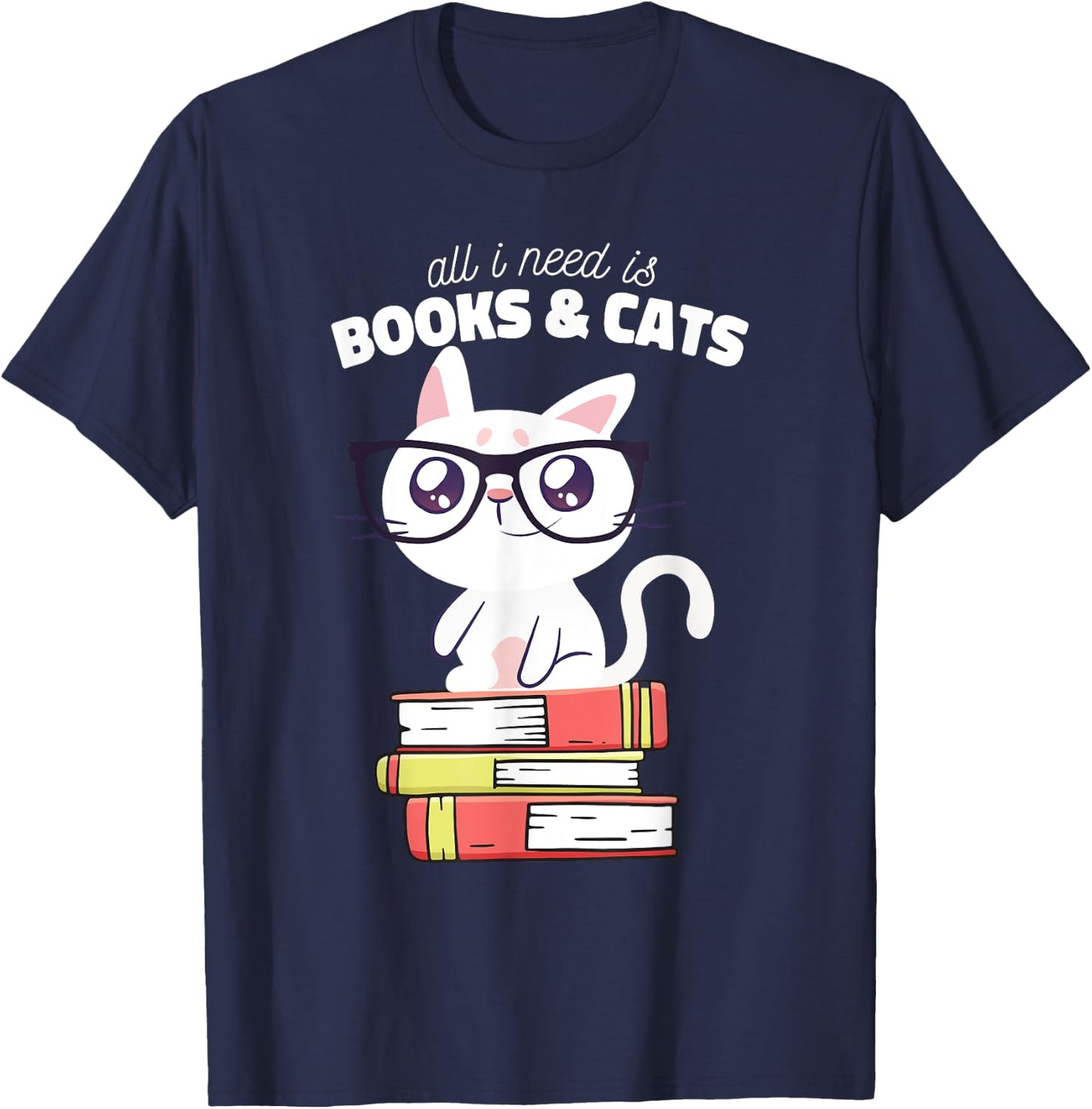 All I need is books & Cats | Books and cats art T-Shirt - T-Shirt | Navy