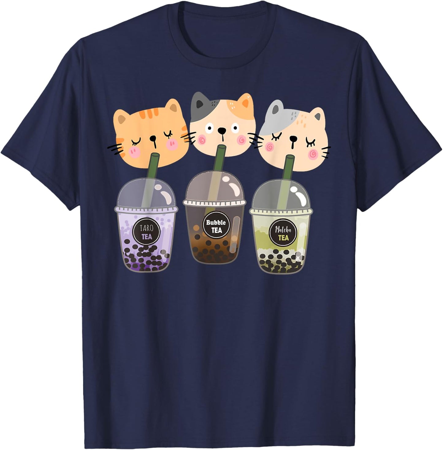 Boba Cat Drinking Boba Kitten Kawaii Japanese Kitty T-Shirt - T-Shirt | Navy