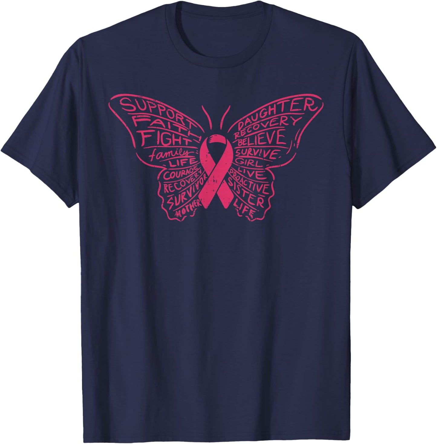 Monarch Butterfly Pink Ribbon Breast Cancer Awareness Gift T-Shirt - T-Shirt | Navy