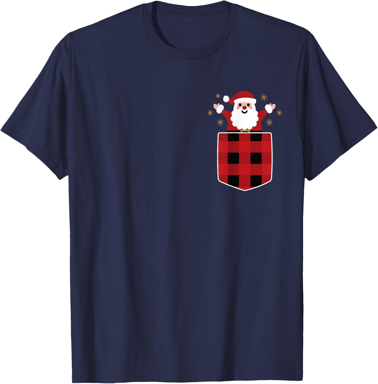 Santa Claus In Red & Black Buffalo Plaid Pocket Christmas T-Shirt - T-Shirt | Navy