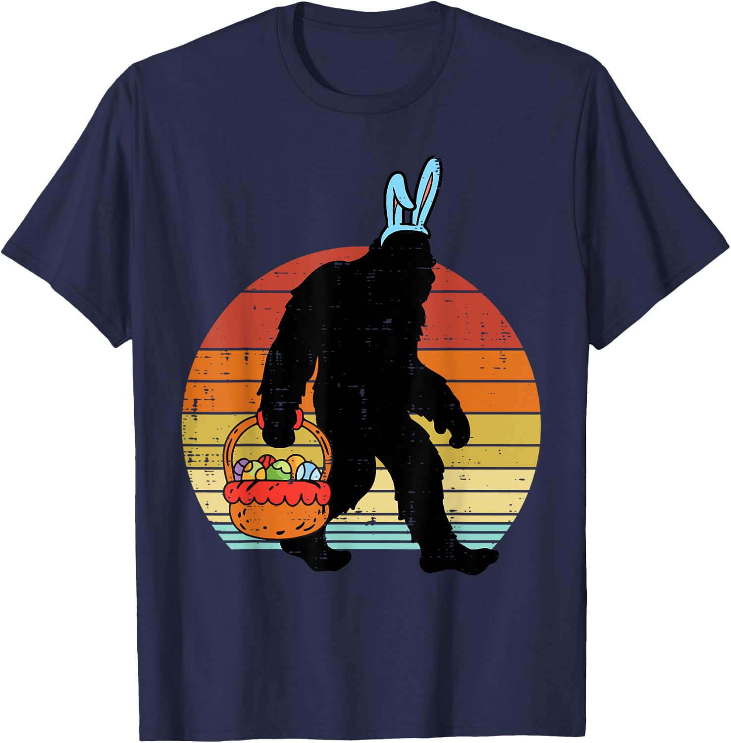 Bigfoot Sasquatch Bunny Easter Eggs Retro Men Women Kids T-Shirt - T-Shirt | Navy