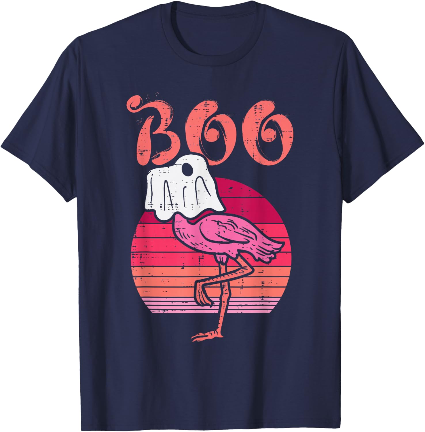 Flamingo Ghost Boo Pink Sunset Retro Halloween Bird Animal T-Shirt - T-Shirt | Navy