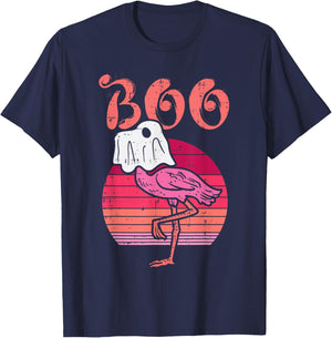 Flamingo Ghost Boo Pink Sunset Retro Halloween Bird Animal T-Shirt - T-Shirt | Navy