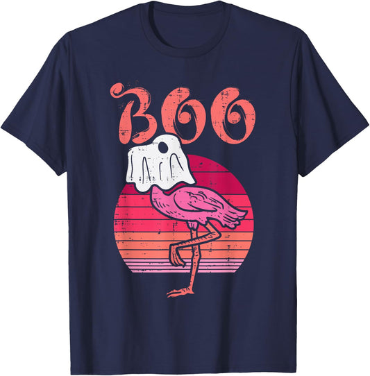 Flamingo Ghost Boo Pink Sunset Retro Halloween Bird Animal T-Shirt - T-Shirt | Navy