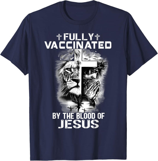 Lion Jesus Cross Fully Vaccinated By The Blood Of Jesus T-Shirt - T-Shirt | Navy