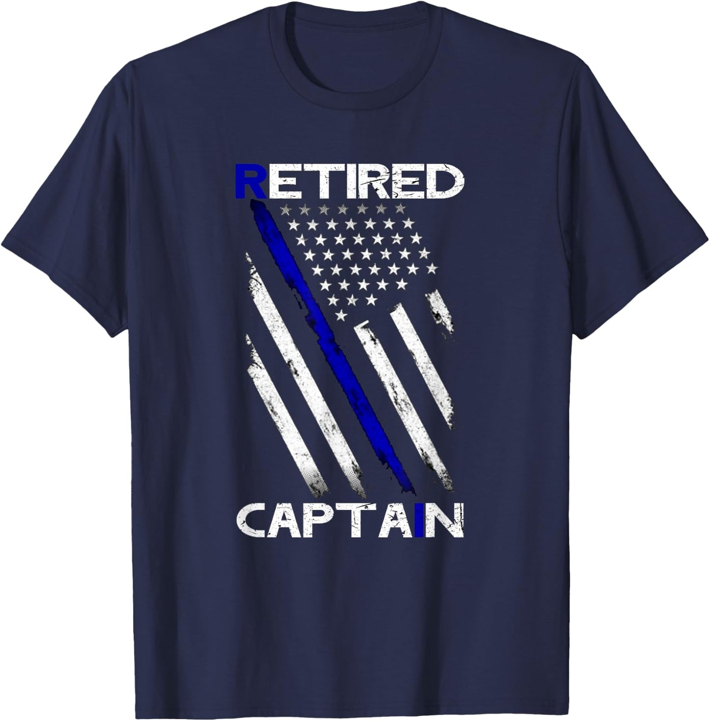 Thin Blue Line Distressed Retired Police Captain Shirt Gift T-Shirt - T-Shirt | Navy
