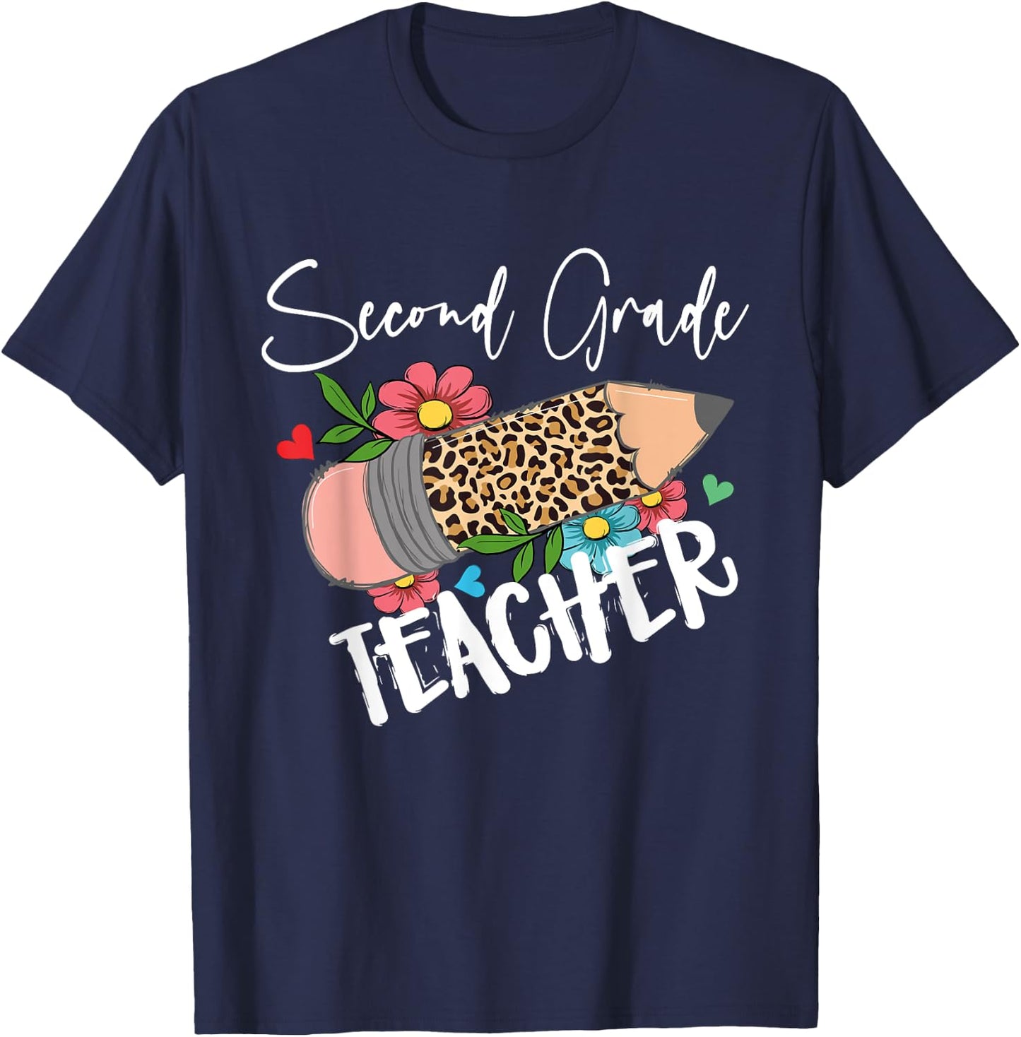Second Grade Teacher Leopard Pencil 2nd Grade Women Teacher T-Shirt - T-Shirt | Navy