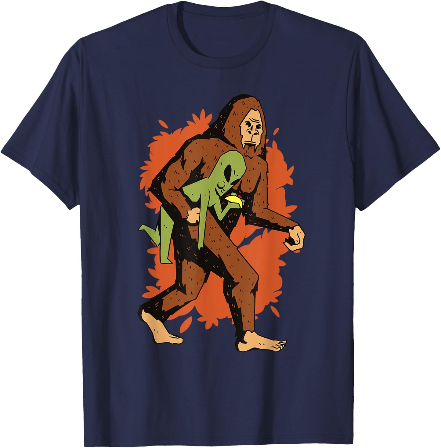 Funny Bigfoot Carrying Alien Eating Taco! Sasquatch Aliens T-Shirt - T-Shirt | Navy