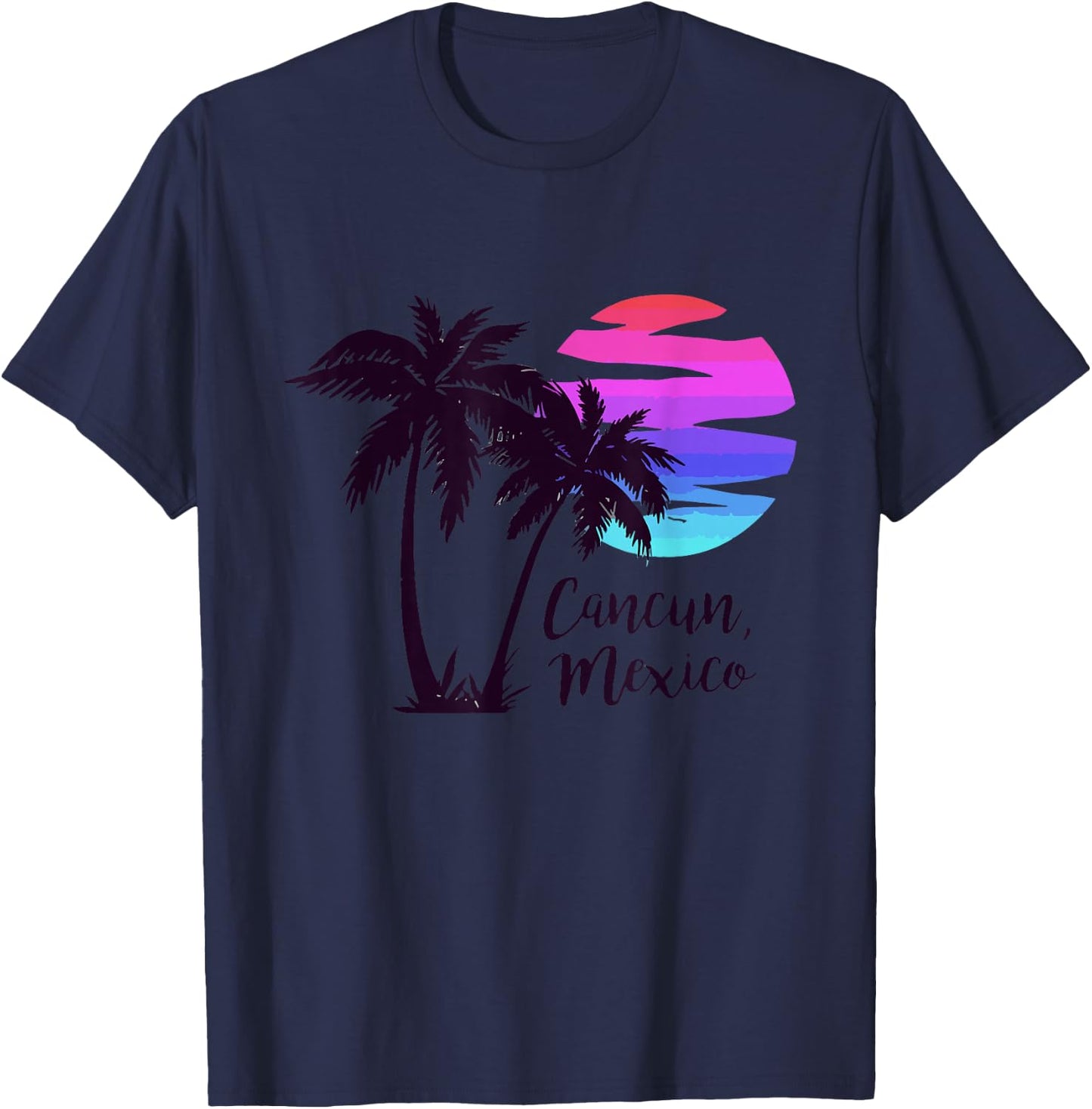 Cancun Mexico Beach Summer Vacation Palm Trees Sunset T-Shirt - T-Shirt | Navy