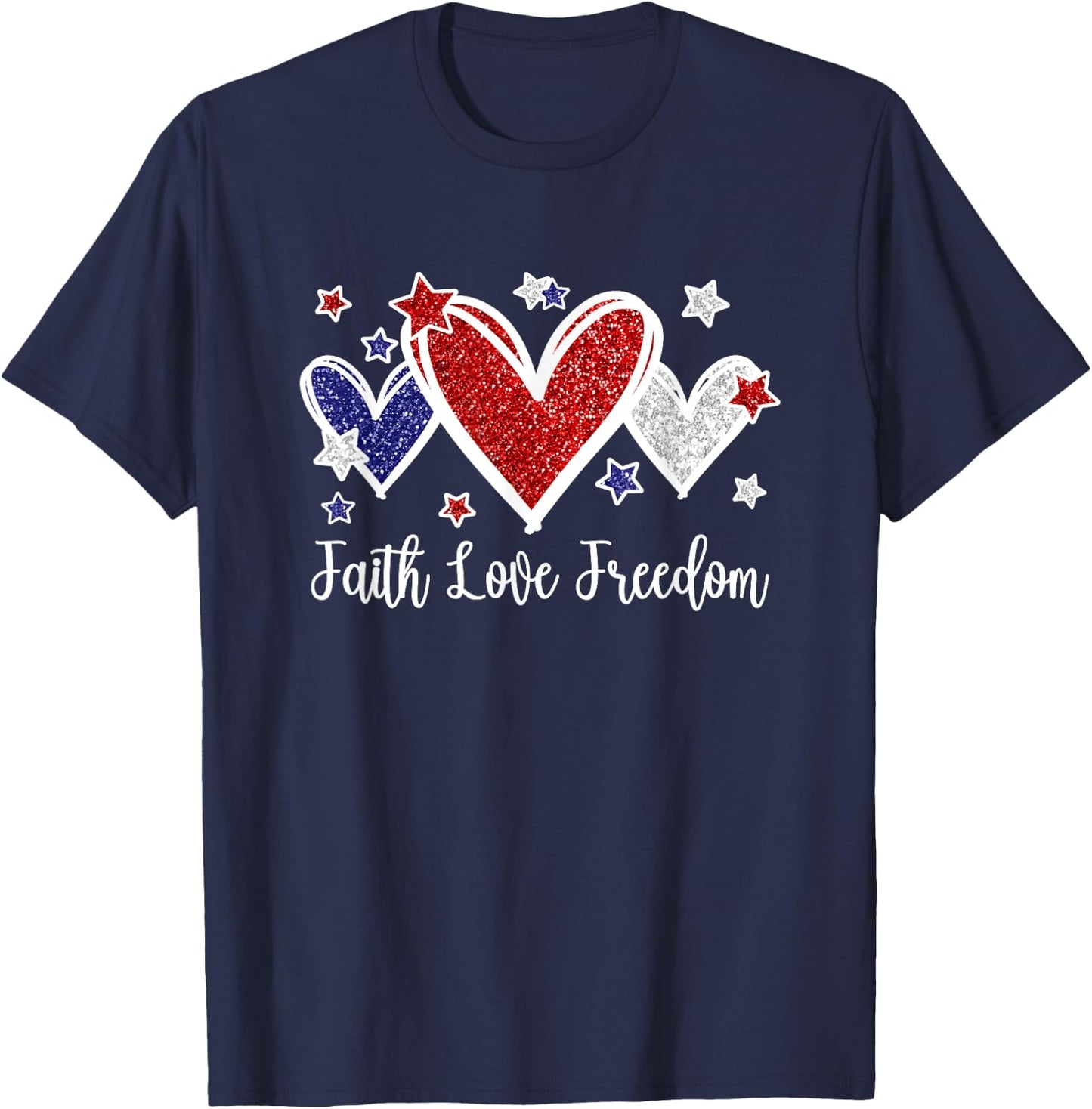 Faith Love Freedom Patriotic American Flag Hearts T-Shirt - T-Shirt | Navy