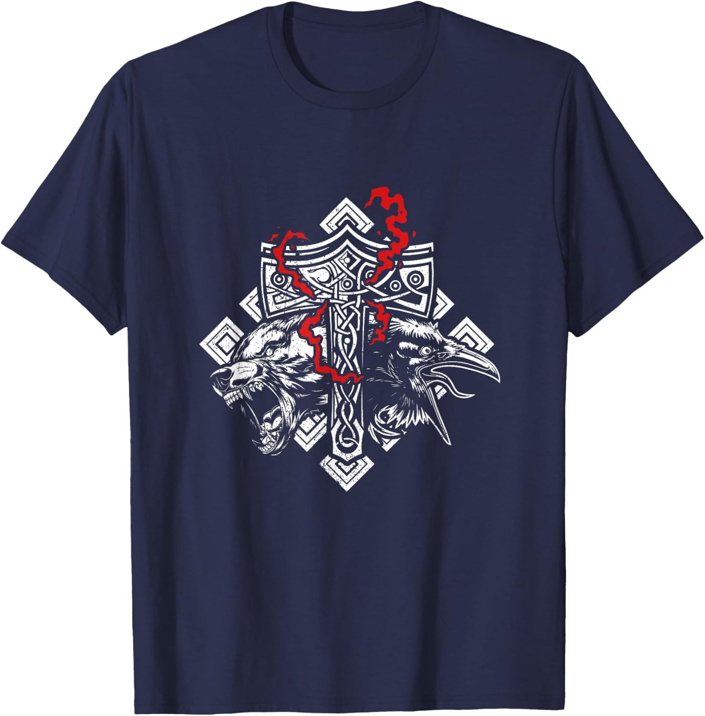 Thor Hammer Mjolnir Rune Protection Odin Raven Viking T-Shirt - T-Shirt | Navy