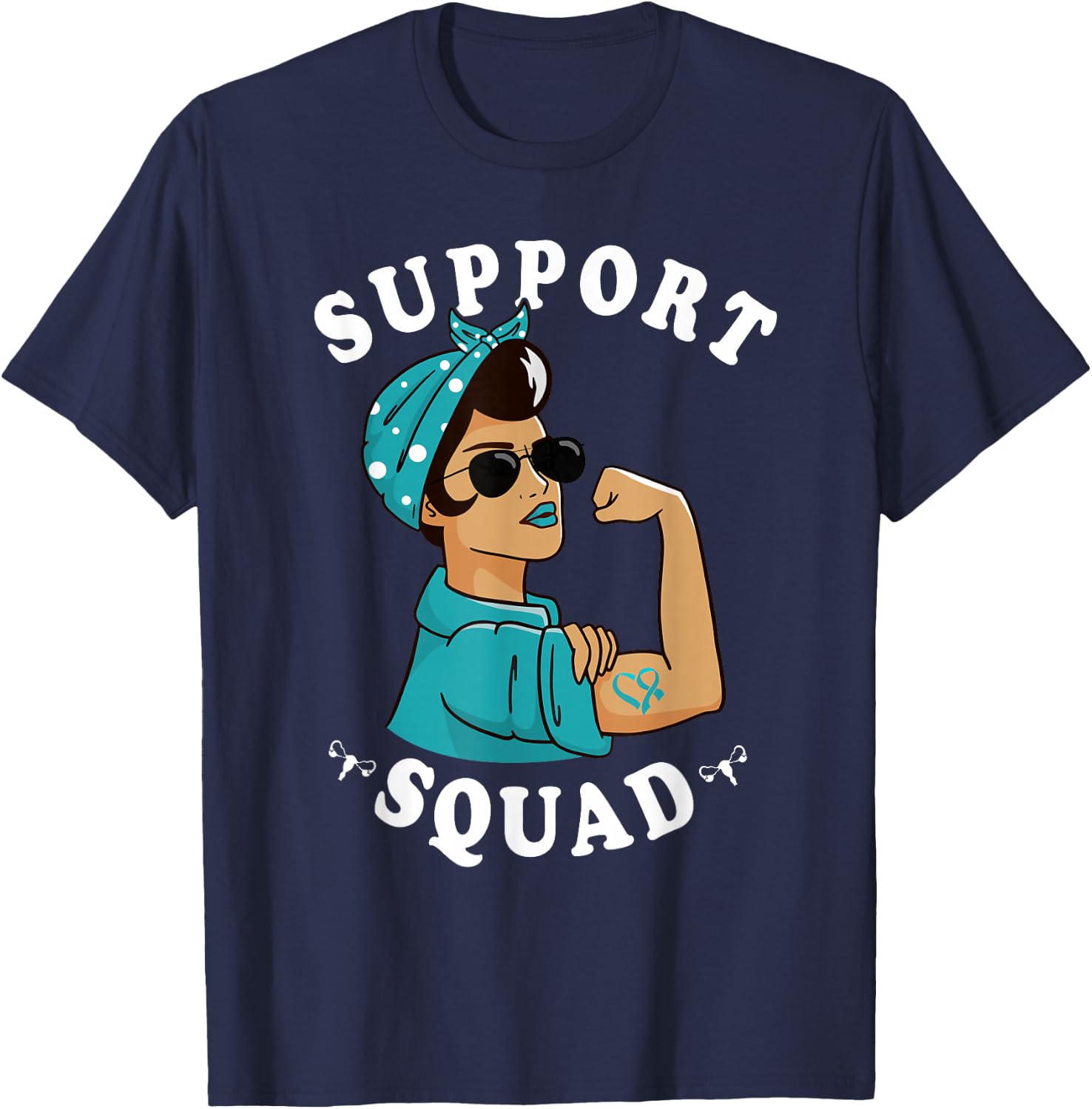 "Support Squad" Teal Ribbon Bandana Women Ovarian Cancer T-Shirt - T-Shirt | Navy