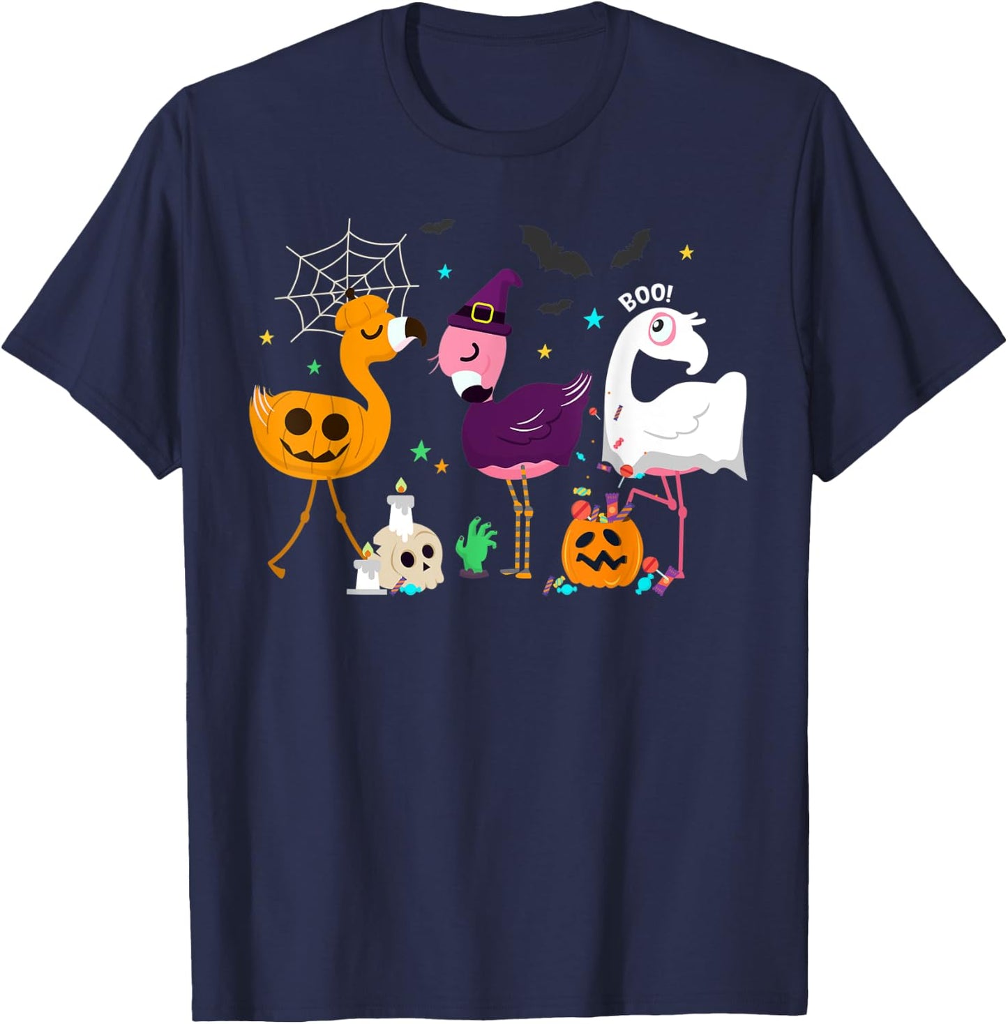 Flamingo Halloween Pumpkin Witch Ghost Happy Flamingoween T-Shirt - T-Shirt | Navy