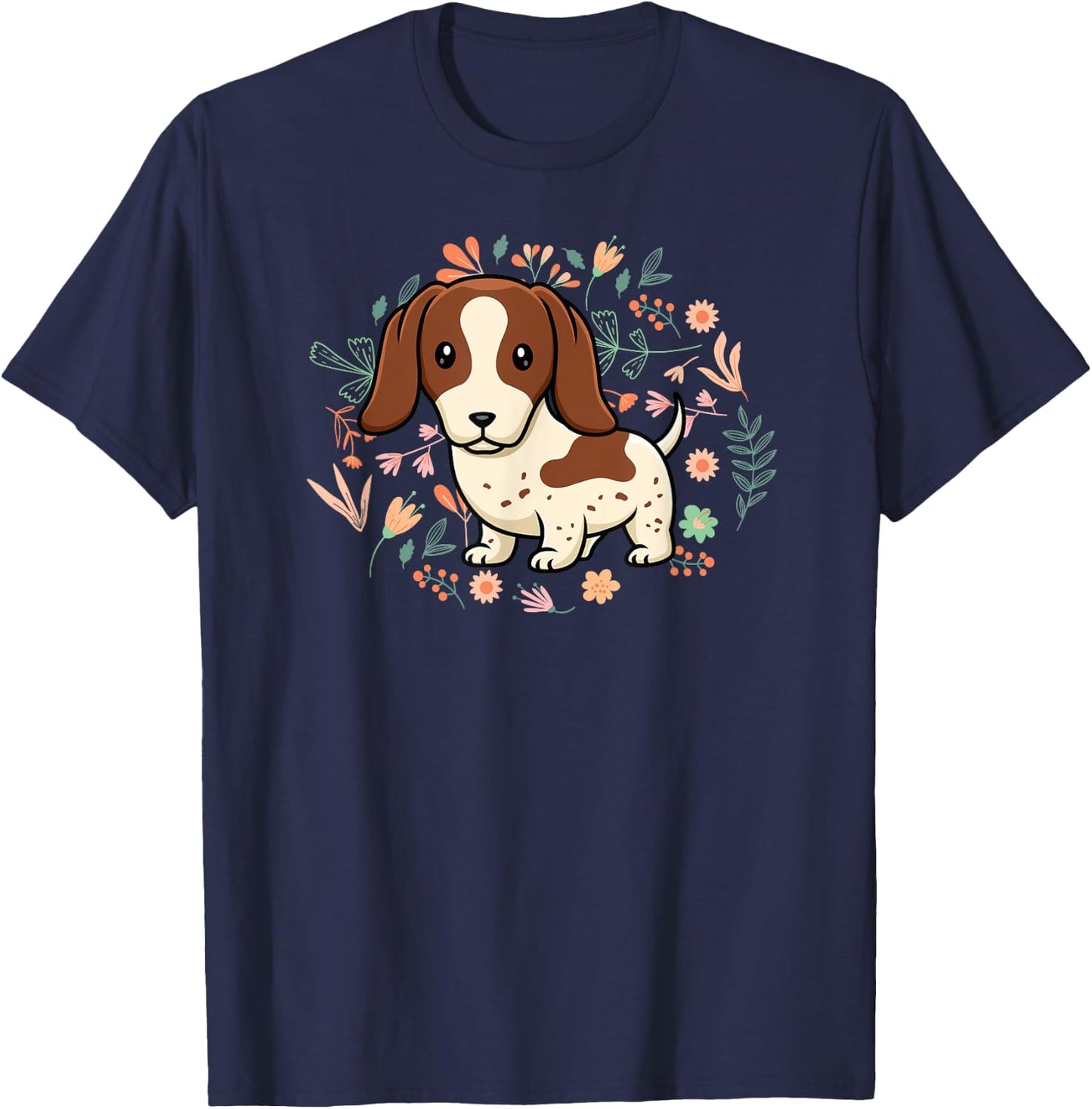 Floral Piebald Dachshund Lover Doxie Mom Dog Mama Lover Men Women Kids T-Shirt - T-Shirt | Navy