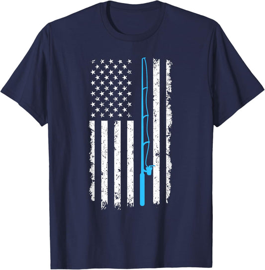 Vintage American Flag Fishing Rod Short Sleeve T-Shirt - T-Shirt | Navy