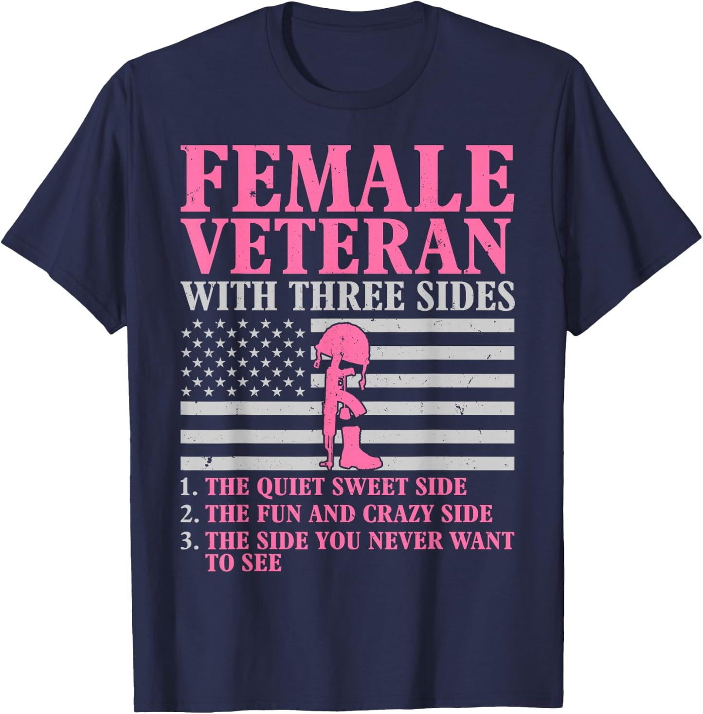 Female Veteran with Three Sides Women Veteran Mother Grandma T-Shirt - T-Shirt | Navy