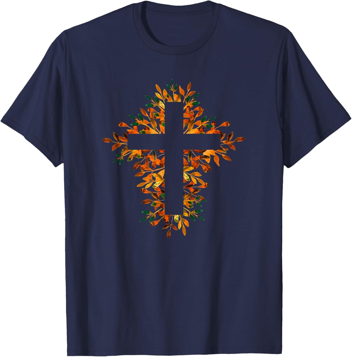 Brown Orange Fall Autumn Floral Cross Christian Faith Lover T-Shirt - T-Shirt | Navy