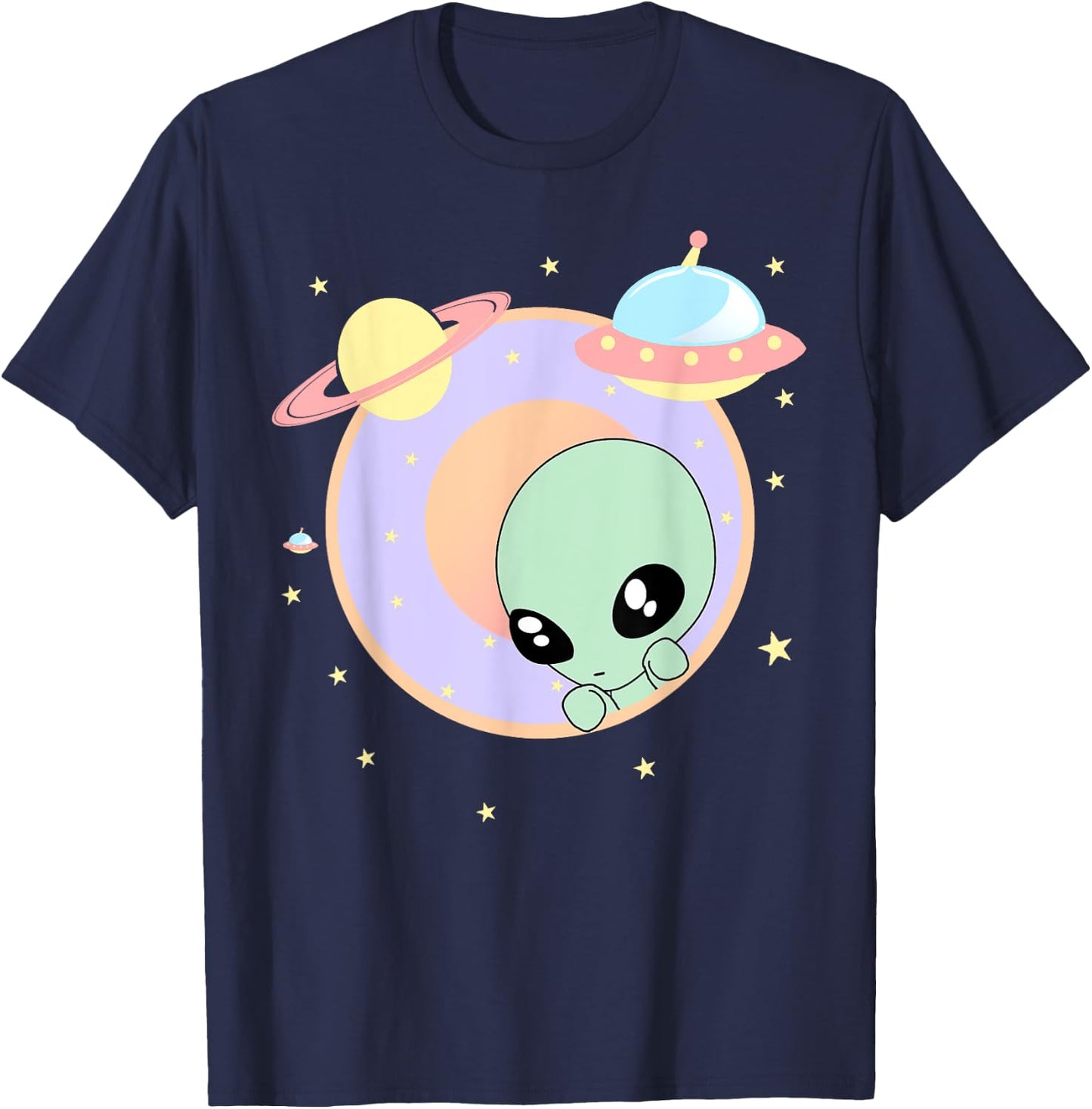 Chibi Alien Kawaii Pastel Cute Green Man Space UFO T-Shirt - T-Shirt | Navy