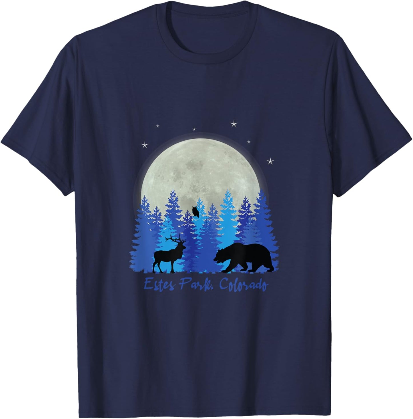 Estes Park Colorado with elk in front of forest and moon. T-Shirt - T-Shirt | Navy