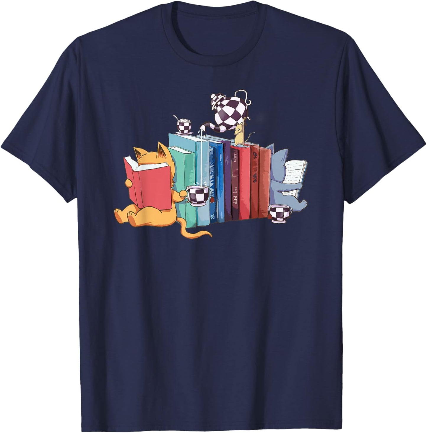 Kawaii Cat Book Ends Library Decor Librarian Gifts Design T-Shirt - T-Shirt | Navy