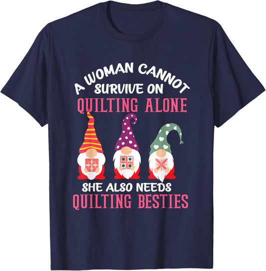 Funny Gnomes Quilting Besties Piecemakers Grandma Mom Fabric T-Shirt - T-Shirt | Navy