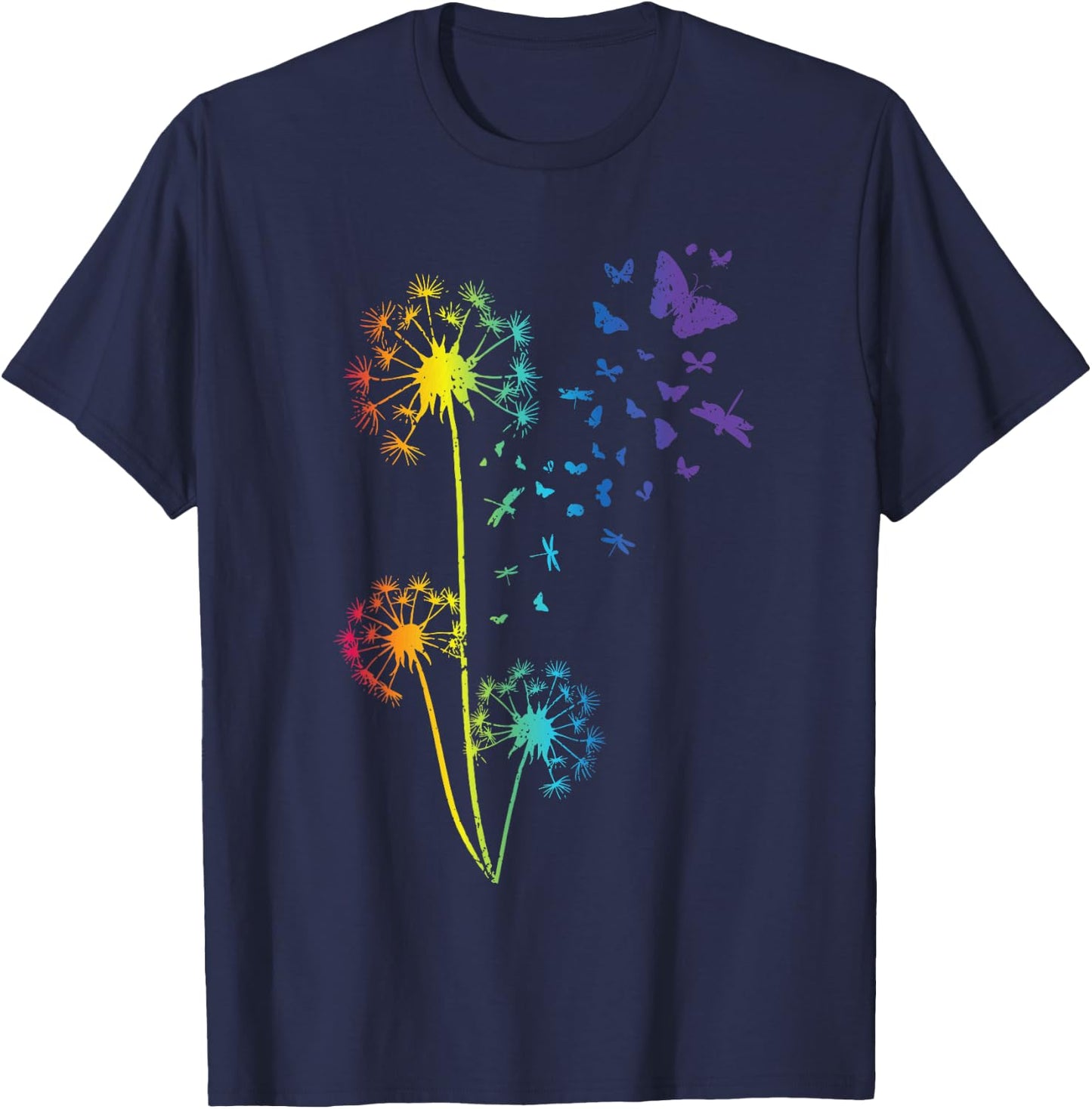 Dandelion Rainbow Dragonfly Breathe Flower Butterfly T-Shirt - T-Shirt | Navy