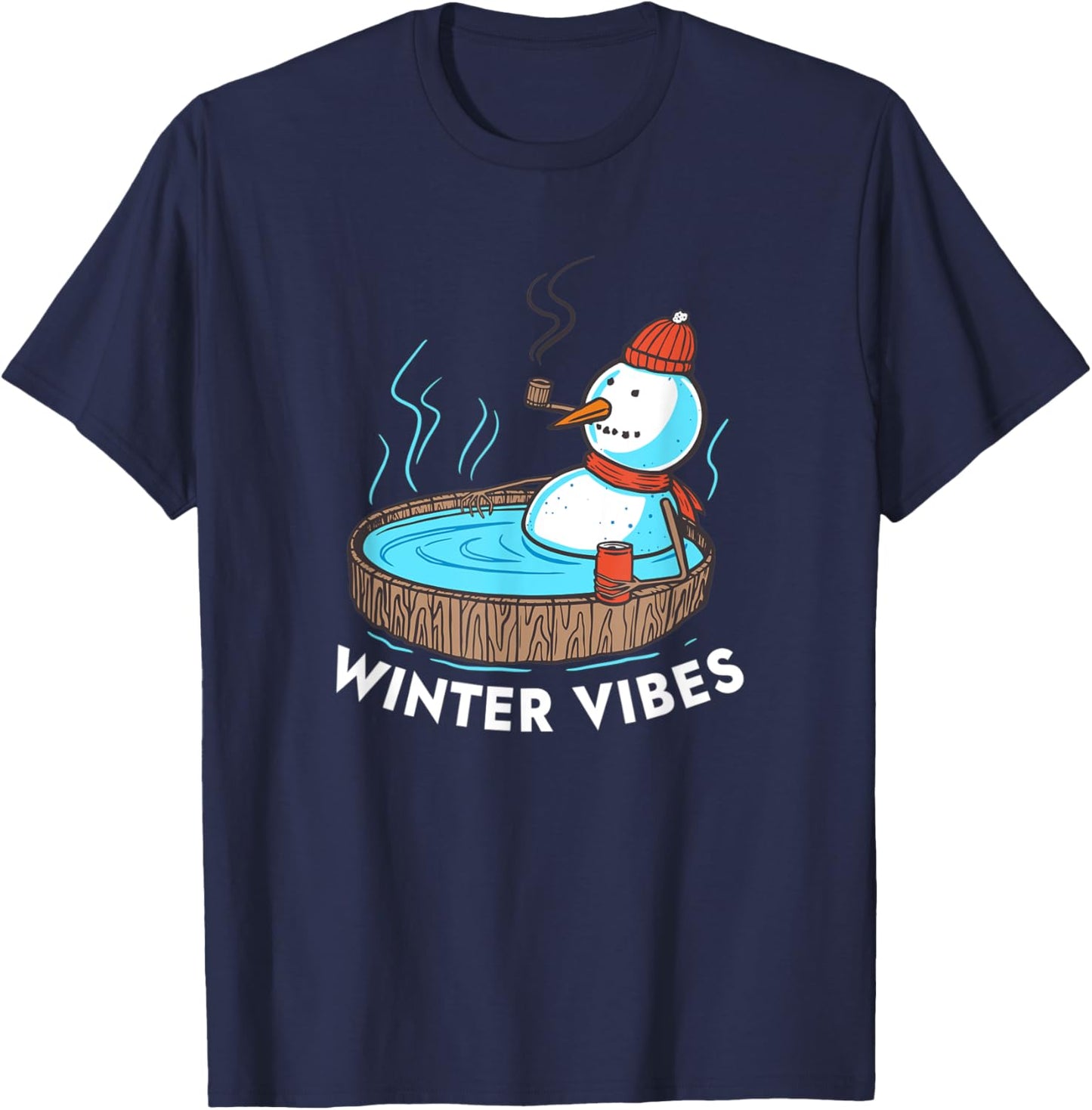 Winter Vibes - Beer Drinking Snowman in Hot Tub T-Shirt - T-Shirt | Navy