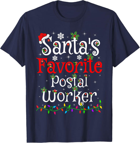 Funny Xmas Lighting Santa's Favorite Postal Worker Christmas T-Shirt - T-Shirt | Navy