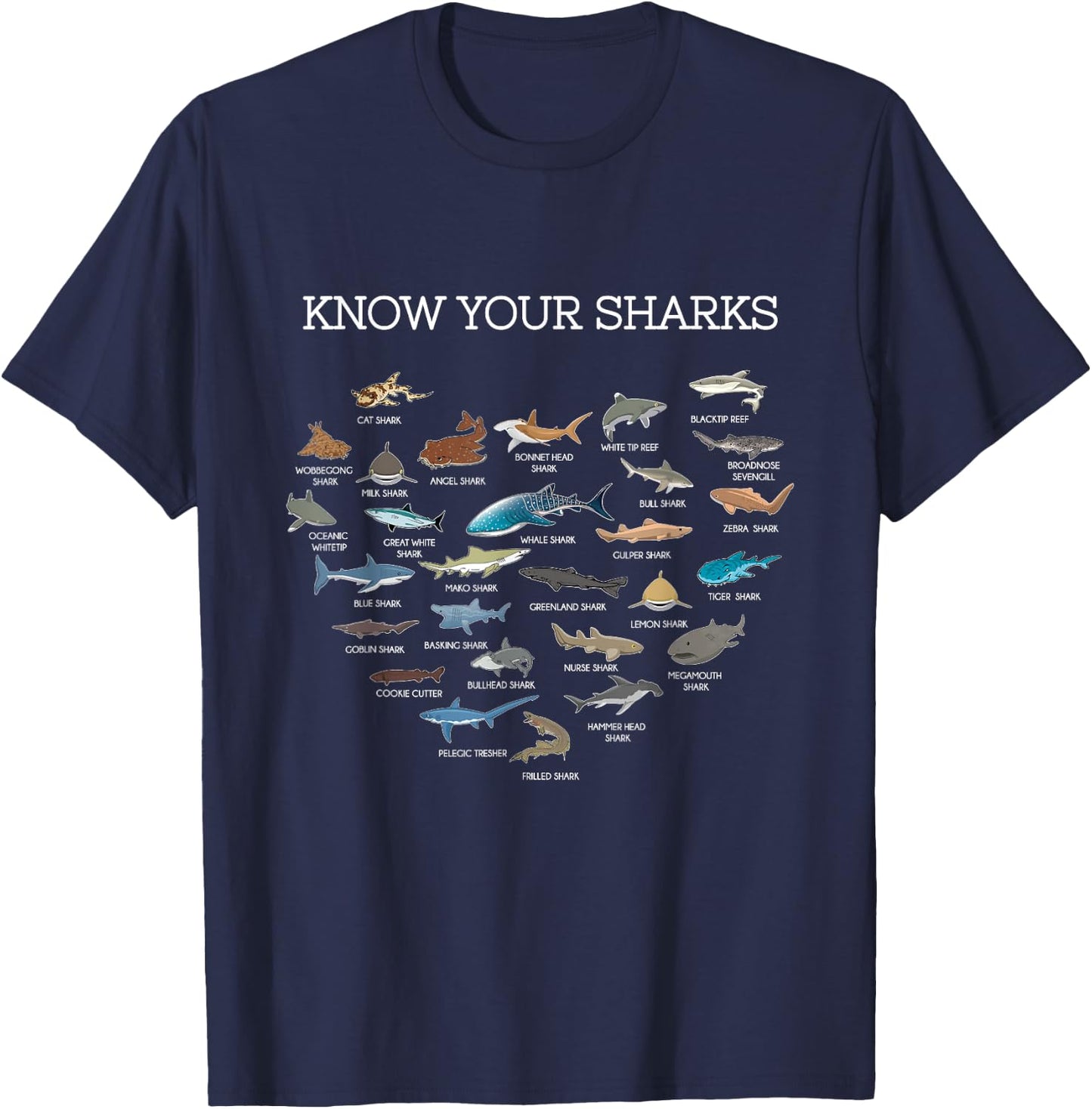 Shark Faces Types Of Sharks Gift Marine Biology Ocean Shark T-Shirt - T-Shirt | Navy