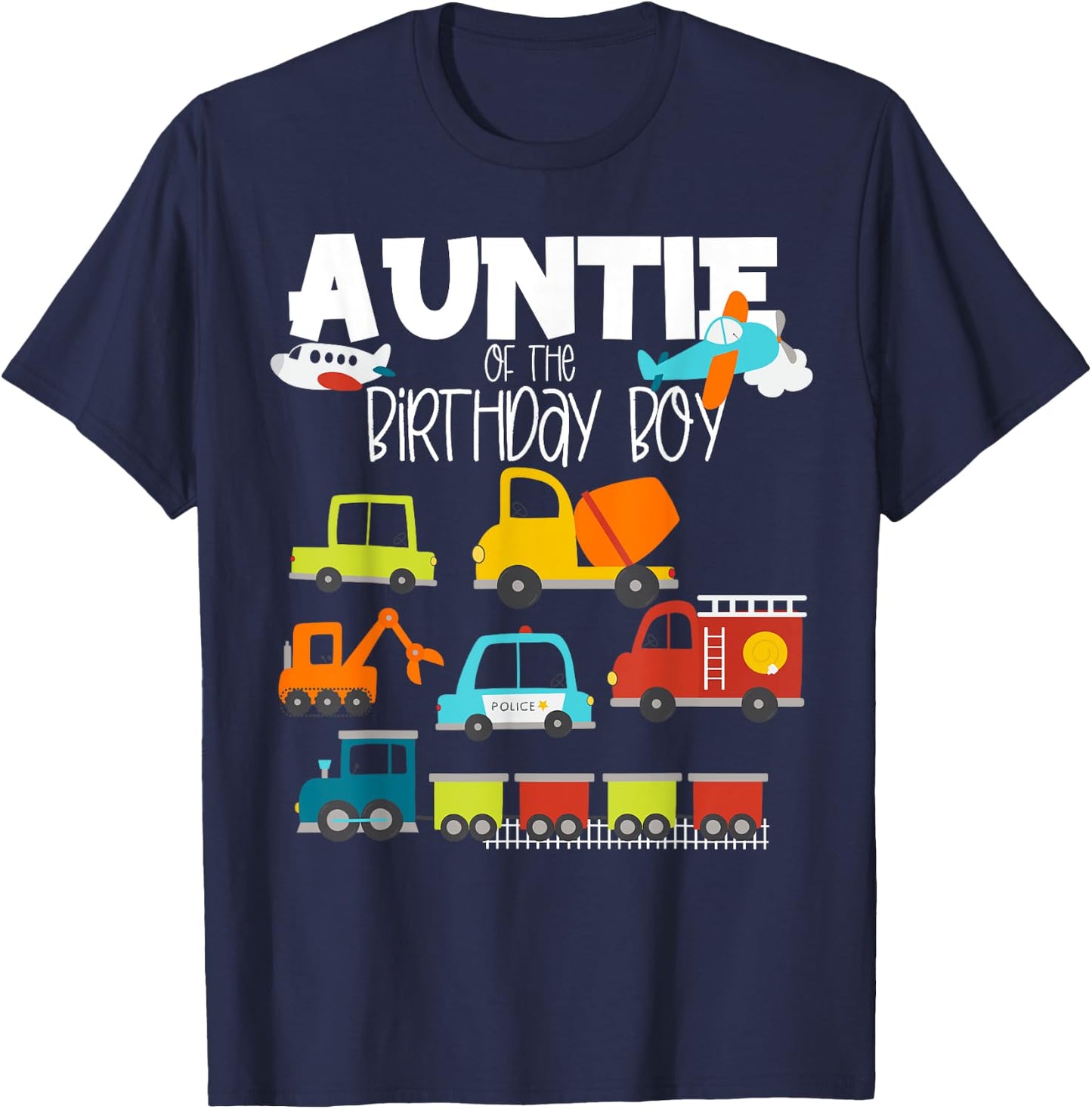 Auntie Of The Birthday Boy Family Matching Train Fire Truck T-Shirt - T-Shirt | Navy
