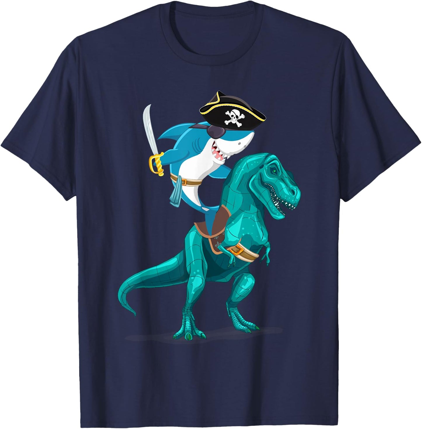 Shark Pirate Riding T Rex Kid Boy Son Grandson Shirt T-Shirt - T-Shirt | Navy
