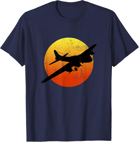 B-17 Flying Fortress Silhouette Sunset WW2 Airplane WWII B17 T-Shirt - T-Shirt | Navy