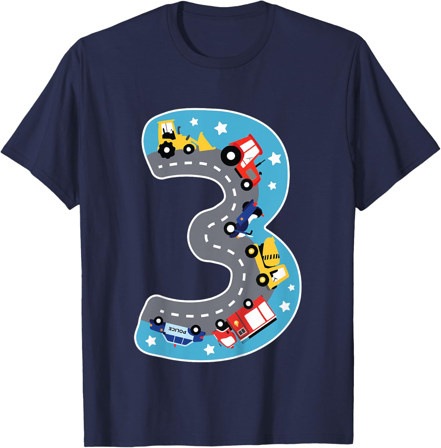 Kids Boys Construction Machinery Fire Brigade Police 3rd Birthday T-Shirt - T-Shirt | Navy