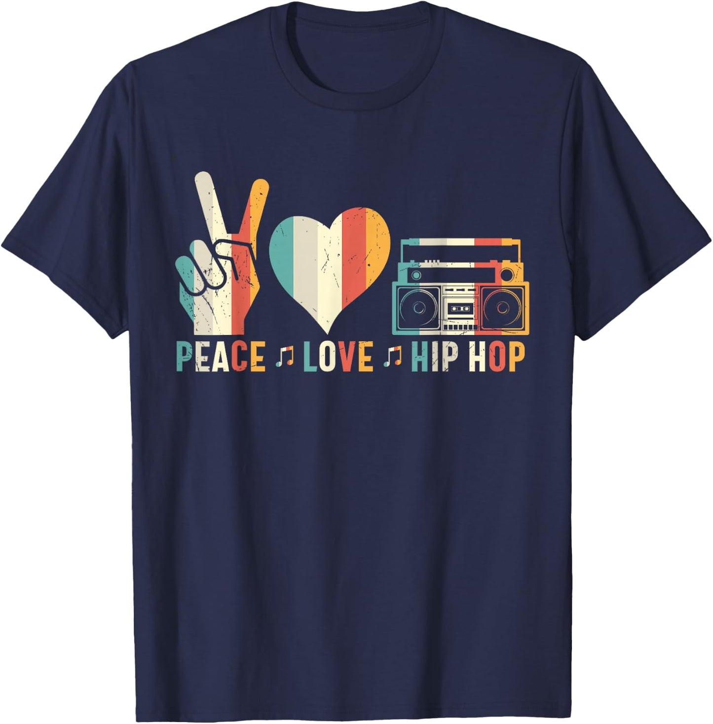 Retro 80's Old School Peace Love Hip Hop Graphic T-Shirt - T-Shirt | Navy