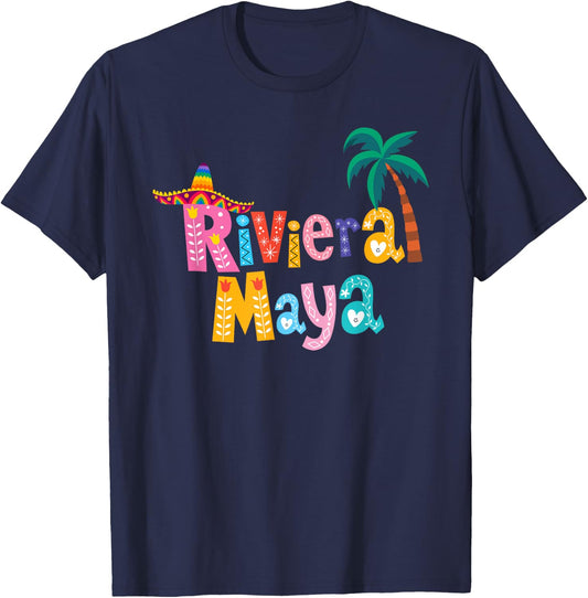 Riviera Maya Mexico Sombrero Palm Tree Colorful Typography T-Shirt - T-Shirt | Navy