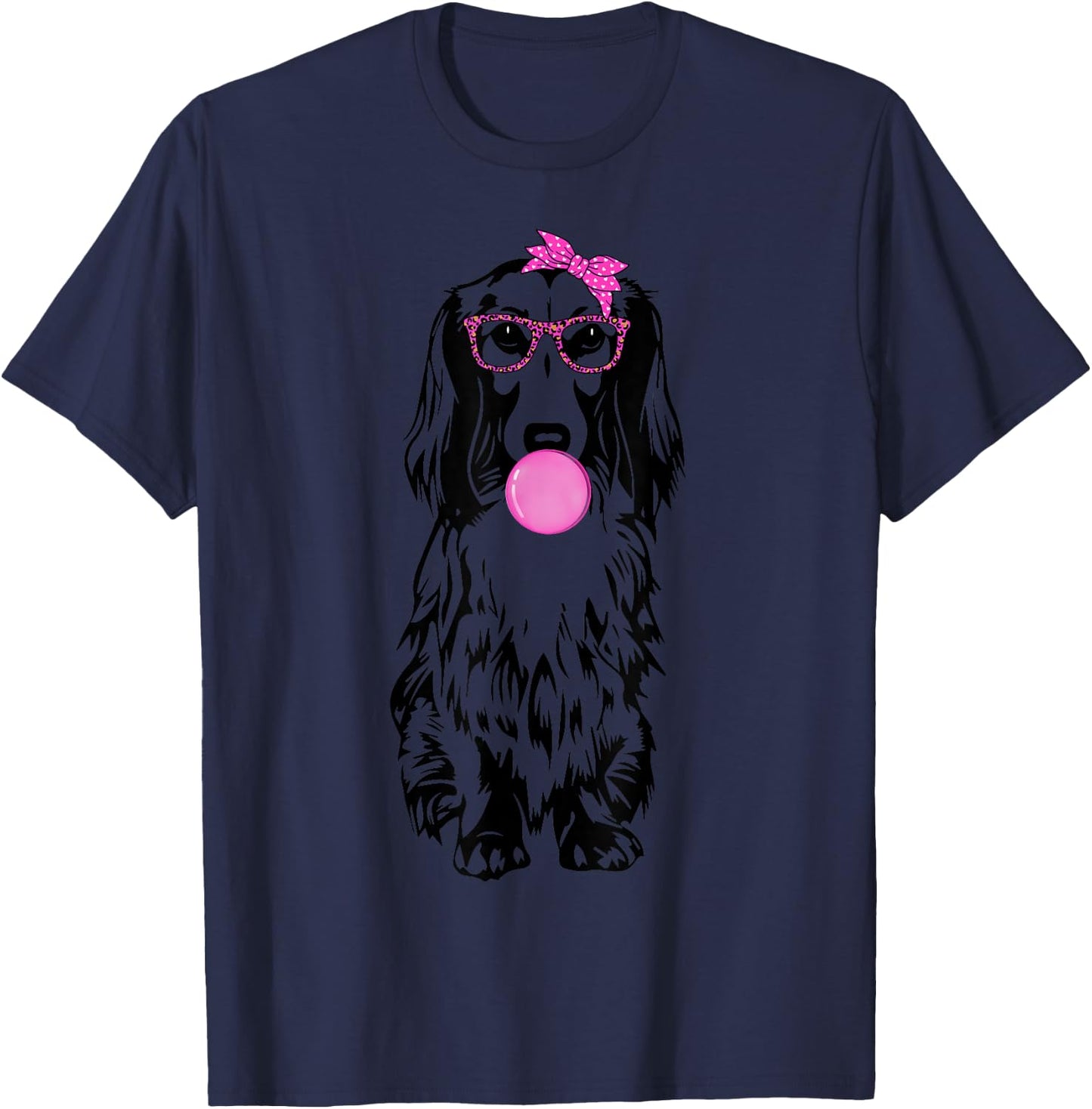 Longhaired Dachshund dog with bubble gum bandana glasses T-Shirt - T-Shirt | Navy