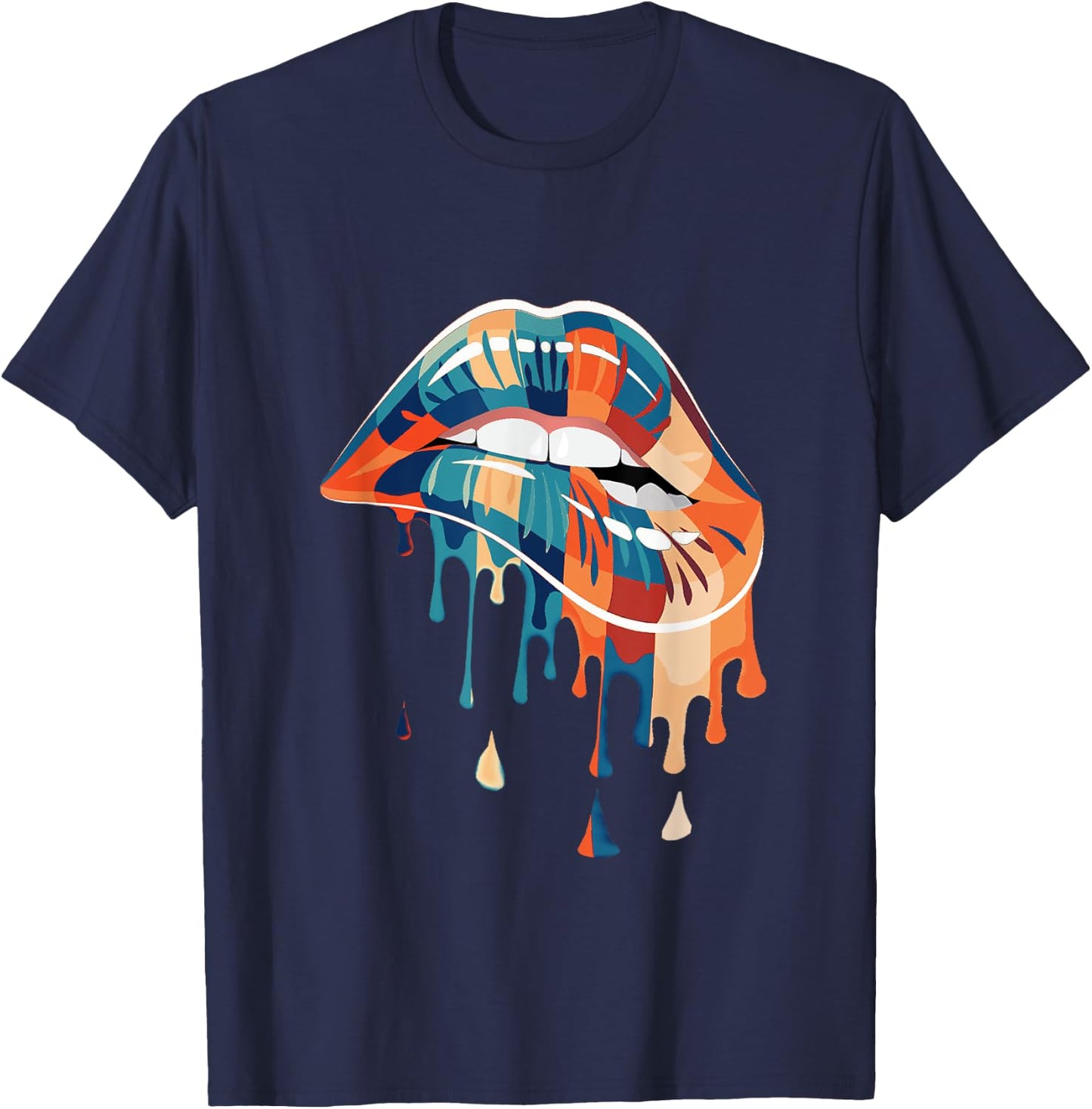 Retro - Biting Melting dripping Lips - Vintage colours T-Shirt - T-Shirt | Navy